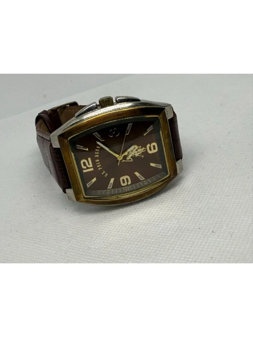 U.S. Polo Assn. Men's Rectangular Gold-Tone Watch Brown Leather Strap USC2117